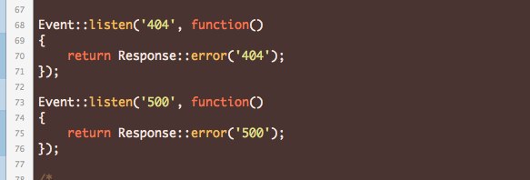 Code in Coda 2 sitting right against the left edge of the editor: two Laravel Event::listen handlers for 404 and 500 errors.