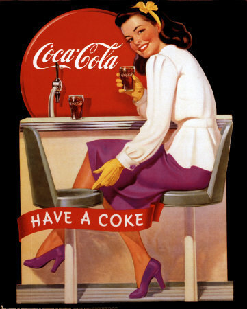 A vintage Coca-Cola advert: a smiling woman on a soda-fountain stool raises a glass of Coke above the slogan 'Have a Coke'.