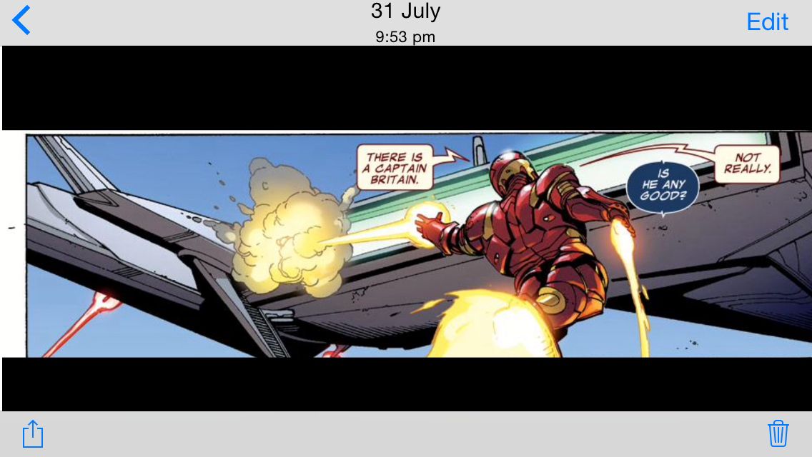 A Marvel comic panel of Iron Man firing a repulsor blast in mid-air. The speech bubbles read: 'There is a Captain Britain.' 'Is he any good?' 'Not really.'