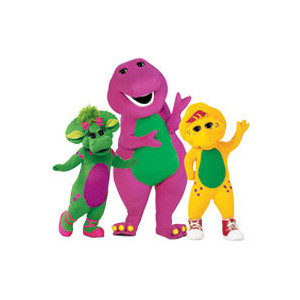 Barney the purple dinosaur waving, with his friends Baby Bop and BJ.