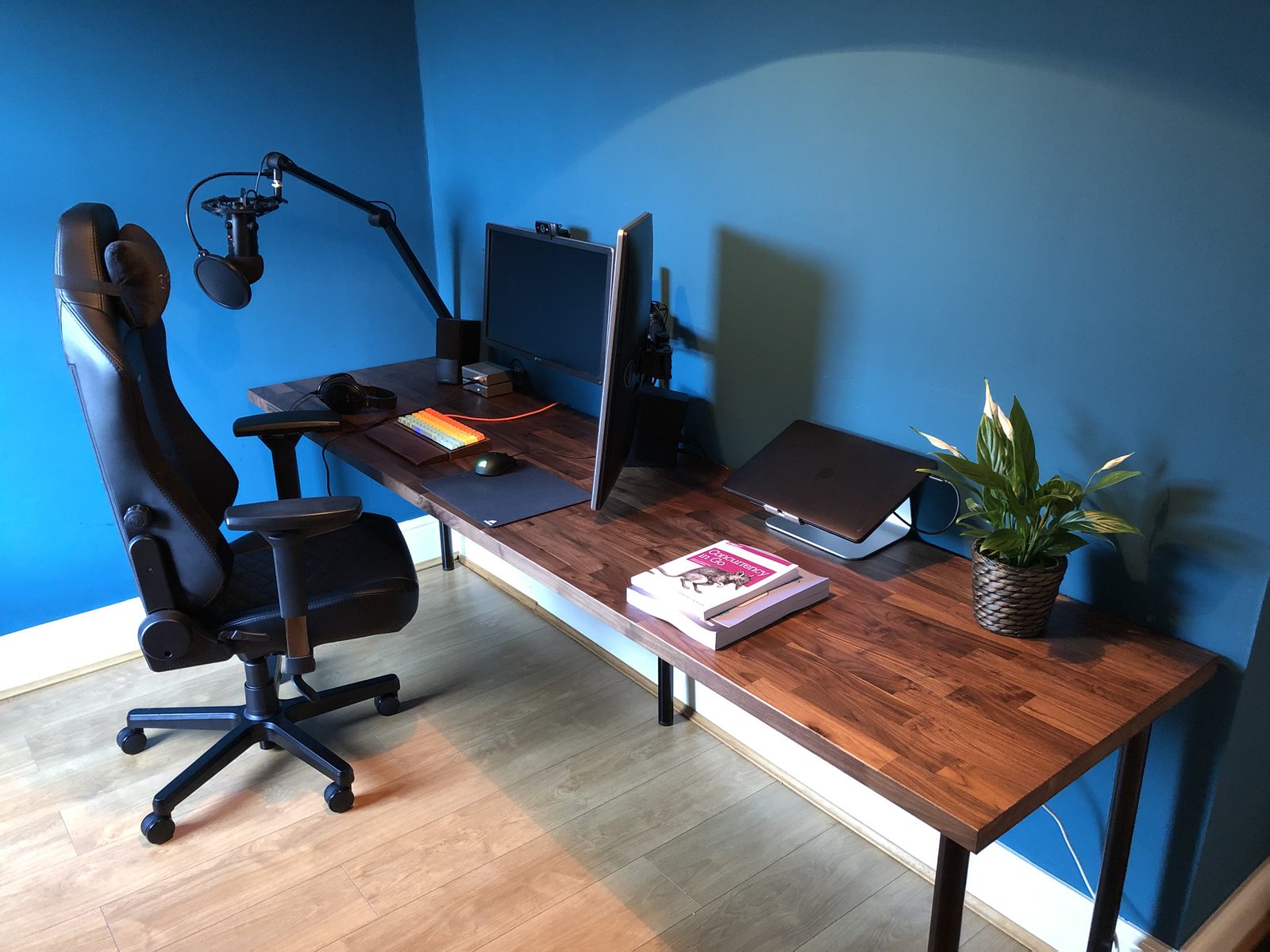 The new office: a long walnut desk against a bright blue wall, with a black noblechairs gaming chair, a Blue Yeti microphone on a boom arm, two Dell monitors on one arm, a rainbow mechanical keyboard, a MacBook on a stand, a stack of books and a potted plant.