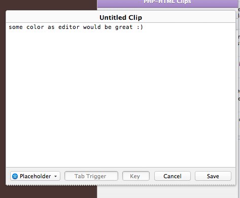Coda 2's clip editor window with a plain white background that doesn't match the editor's colour scheme. The clip text reads 'some color as editor would be great :)'.