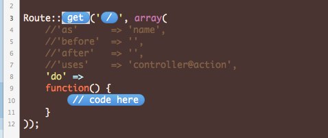 A Laravel route clip in Coda 2 after tabbing through it, with the placeholders 'get', '/' and '// code here' still shown as blue pills.