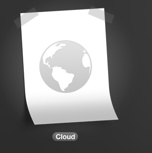 Coda 2's Cloud icon: a sheet of paper with a globe on it, taped to a dark wall.