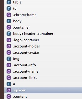 Coda 2's code navigator listing the HTML tags and CSS selectors in a stylesheet, such as body, .container and .account-avatar.