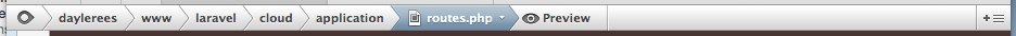 Coda 2's breadcrumb bar showing the path daylerees › www › laravel › cloud › application › routes.php, with a Preview button.