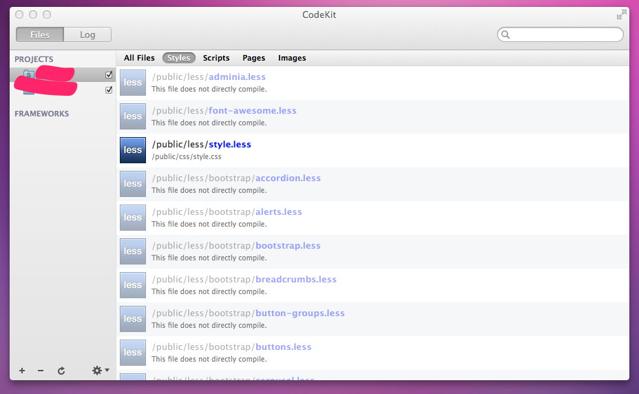 The CodeKit app listing a project's LESS files, with style.less set to compile to public/css/style.css. The project names are scribbled out in pink.