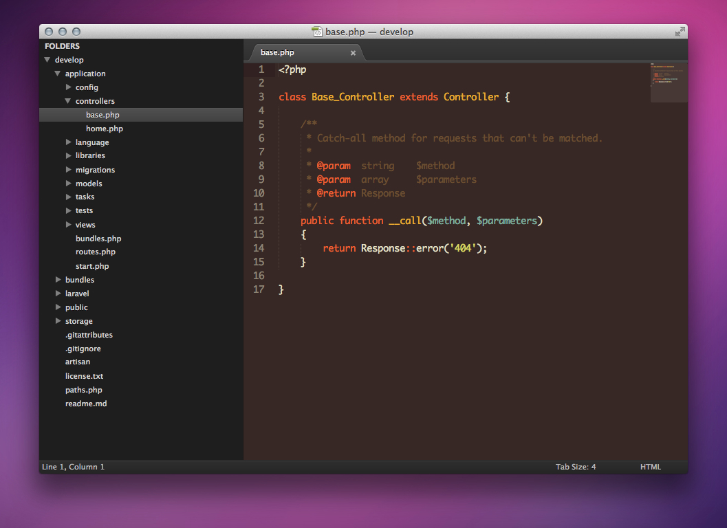 Sublime Text 2 with a dark brown colour scheme, showing a Laravel project's folder tree beside the Base_Controller class in base.php.