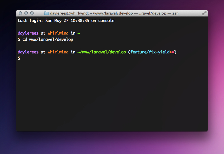 A zsh terminal with oh-my-zsh, its coloured prompt showing the user, machine, current directory and git branch (feature/fix-yield).
